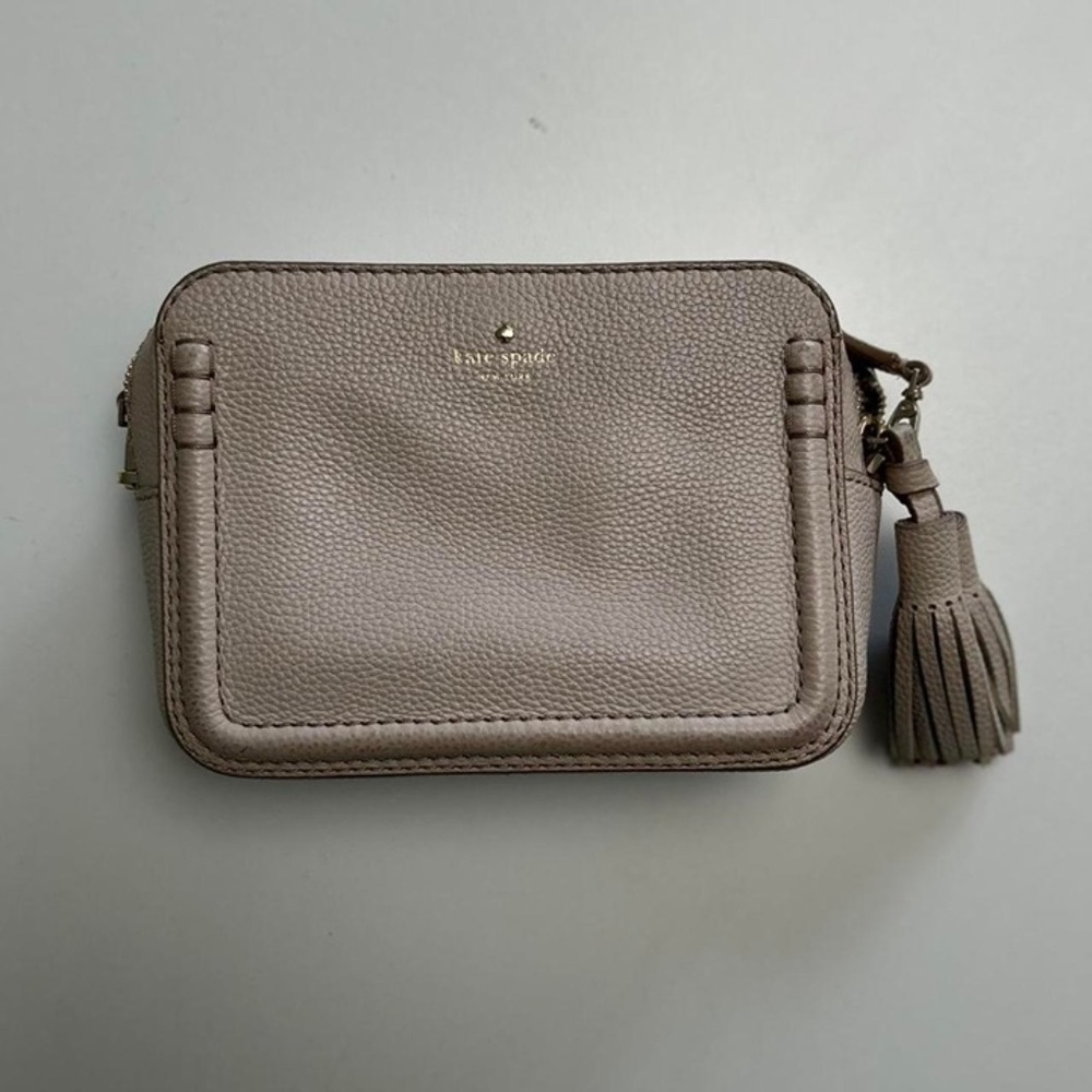 Kate Spade Genuine cow leather crossbody tassel saddle bag Beige Pink Pebbled